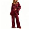 Women's Color Long Sleeve Lapel Collar Top and Ruffle Trim Pants Pajama Set 2 Piece Loungewear Sleepwear