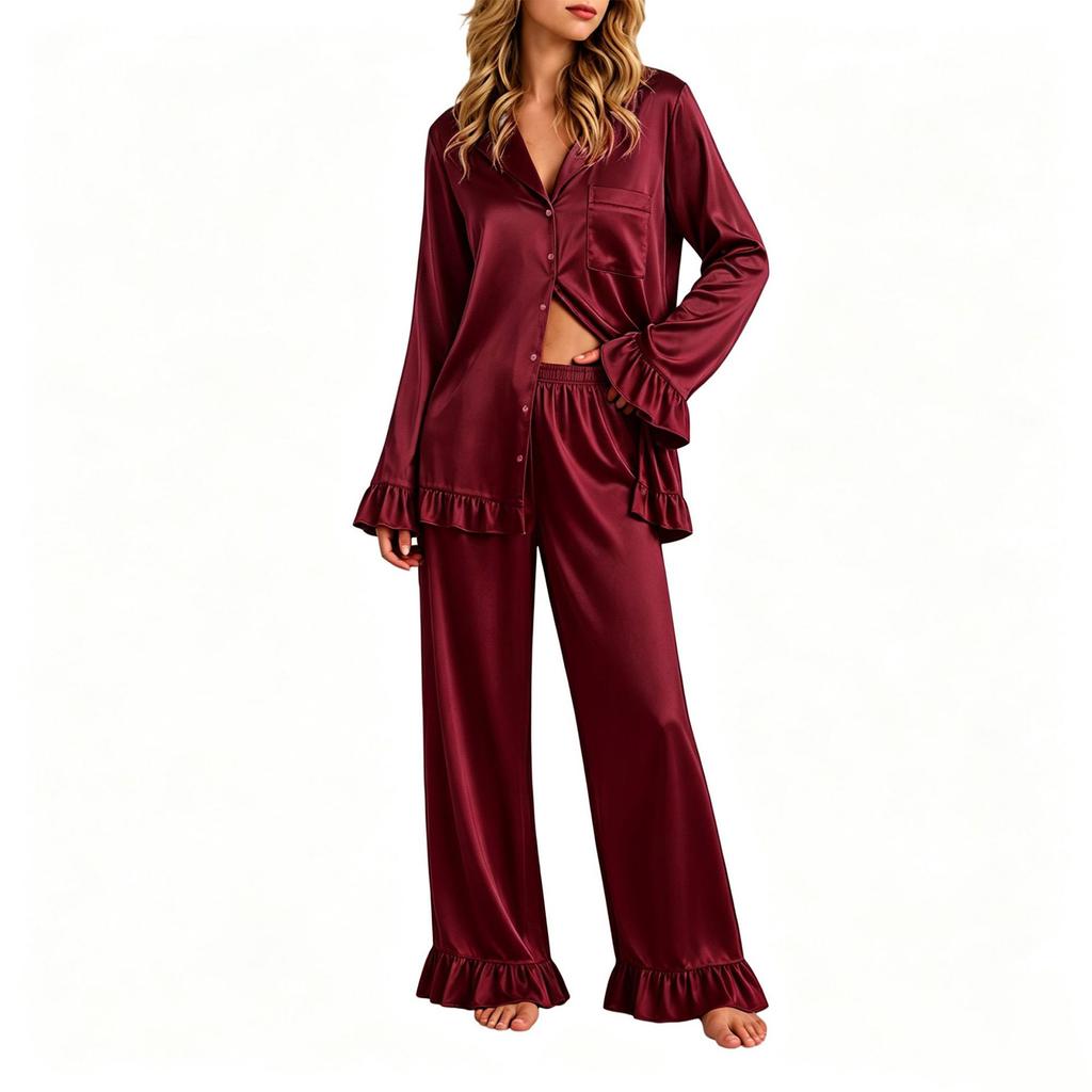 Women's Color Long Sleeve Lapel Collar Top and Ruffle Trim Pants Pajama Set 2 Piece Loungewear Sleepwear
