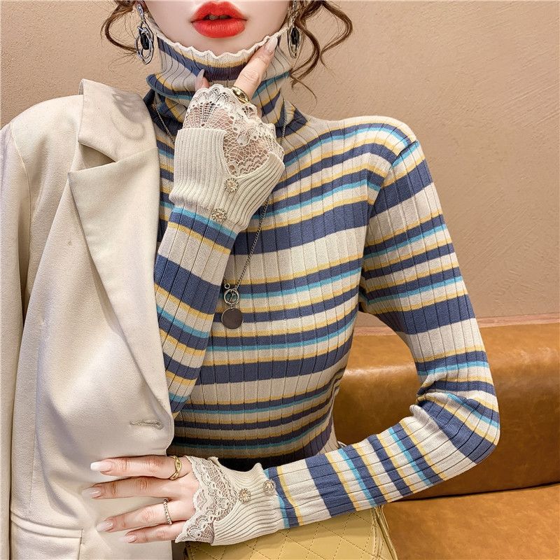 Autumn and Winter High Collar Striped Sweater Knitted Bottom Shirt Women's Long Sleeve Unique Top