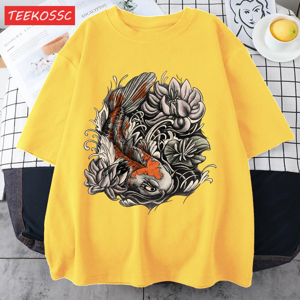 Japanese Harajuku Lotus Koi Print Men T Shirts AllMatch Cotton TShirt Casual Crewneck Loose Streetwear Man Summer Basics Top