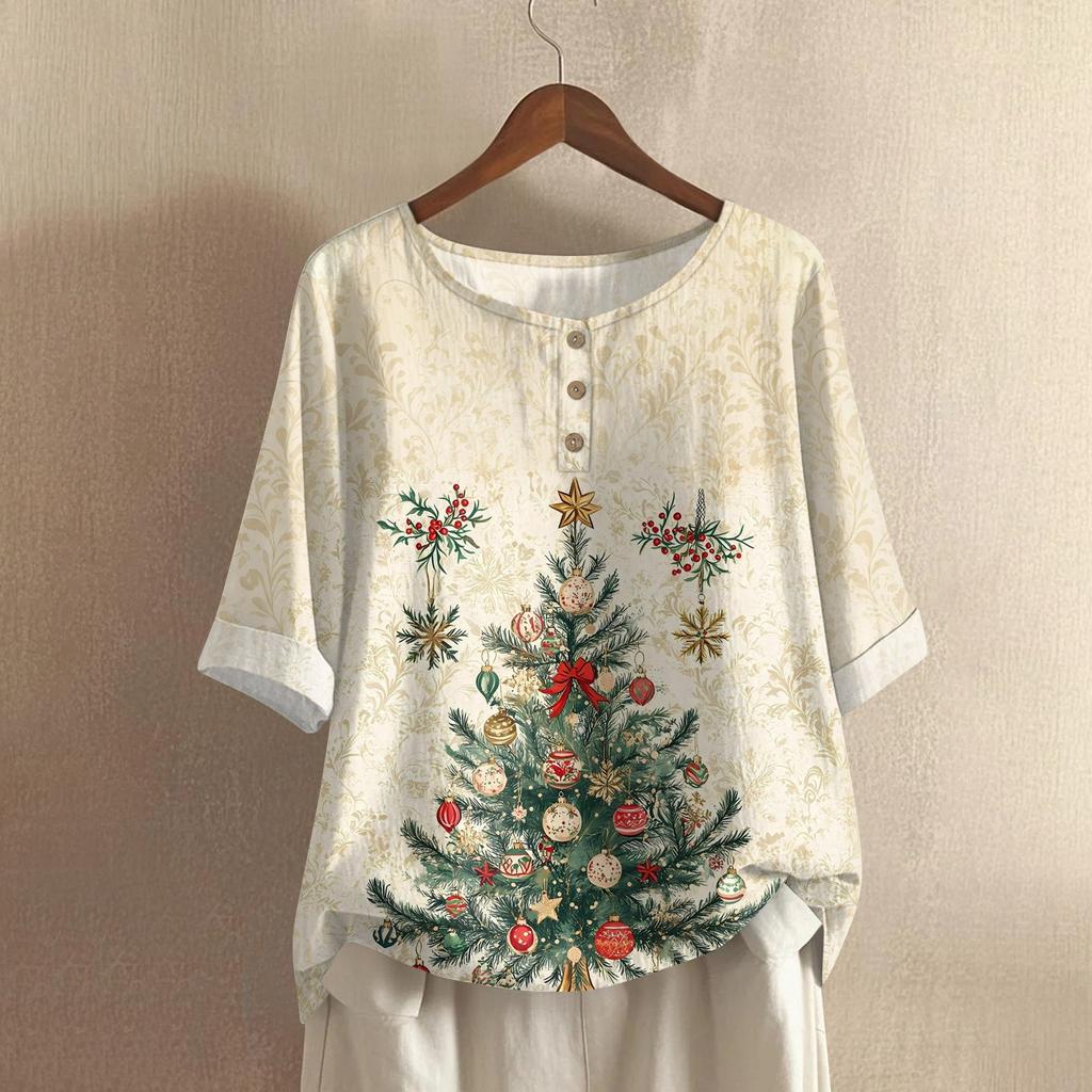 Kadın Modası Ve Günlük Gömlek Yarım Kollu Yuvarlak Yaka Noel Baskılı Pamuk Ve Keten Bluz Üst