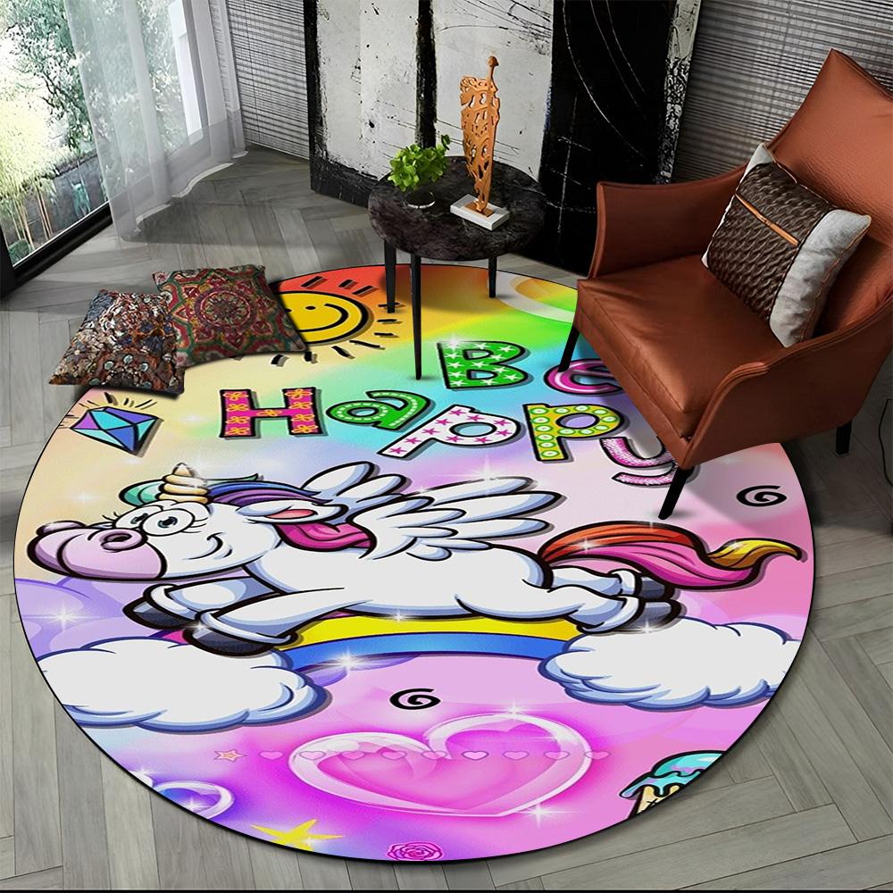 Unicorn Cartoon Animal Round Carpet Rug for Living Room Children's Bedroom Sofa Decor,Kid Paly Game Area Rug Non-slip Floor Mat