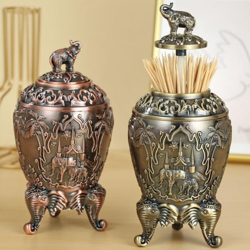 Automatic Push-type Toothpick Box Alloy Elephant Toothpick Holder Dresser Desktop Organizer Display Party Decoration Unique Gift