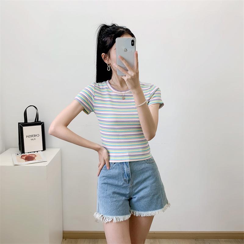 Women's Rainbow Striped Cropped Short Sleeve Top, Hyuna Style, Tight Fit, High Waist, Belly Button Show