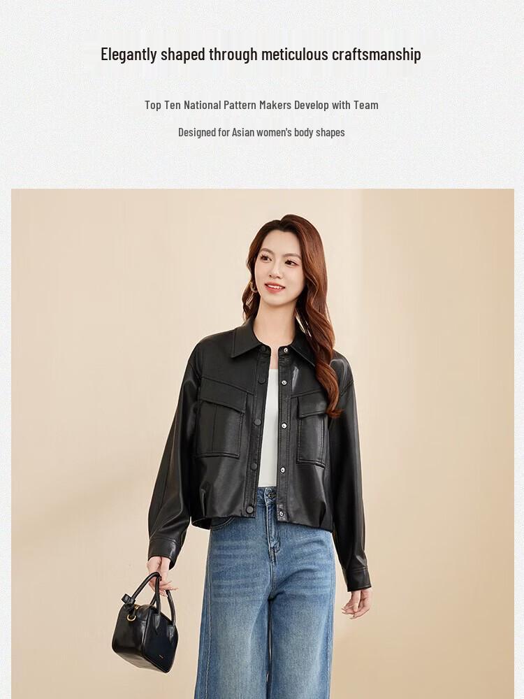 Sanpowa Women's Fall Lapel Single-Breasted Faux Leather Jacket