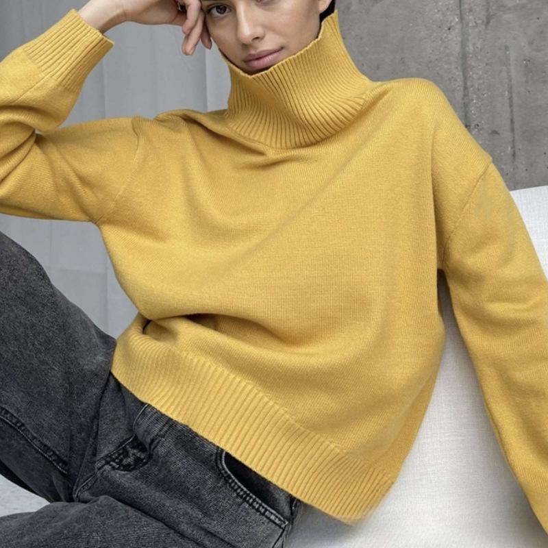 Warm Elastic Sweaters Autumn Winter Women's Turtleneck Knitted Sweater Oversize Long Sleeve Loose Pullover Tops Streetwear Soft