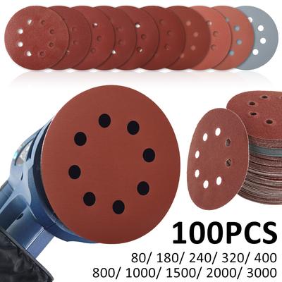 100Pcs 5Inch 8 Hole Sandpaper Sanding Discs Hook Loop Adhesive 80Grit-3000Grit Sanding Paper 125mm Sanding Disc Polishing Tools