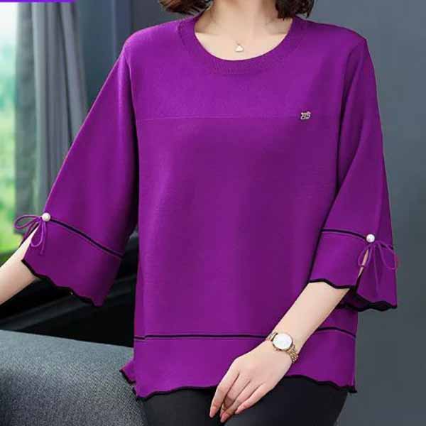 Elegant Chic Hollow Beaded Bow Three Quarter Sleeve Knitwears Women Simple Casual Loose Solid Pullover Knit Top Clothing