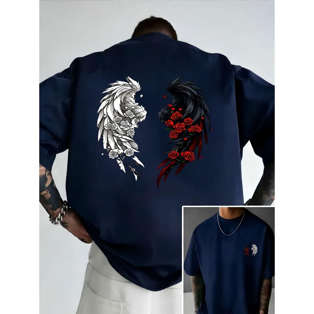 Casual Black and White Rose Wing Pattern Trendy 100% Pure Cotton Men T-shirt for Summer Street Style Short Sleeve