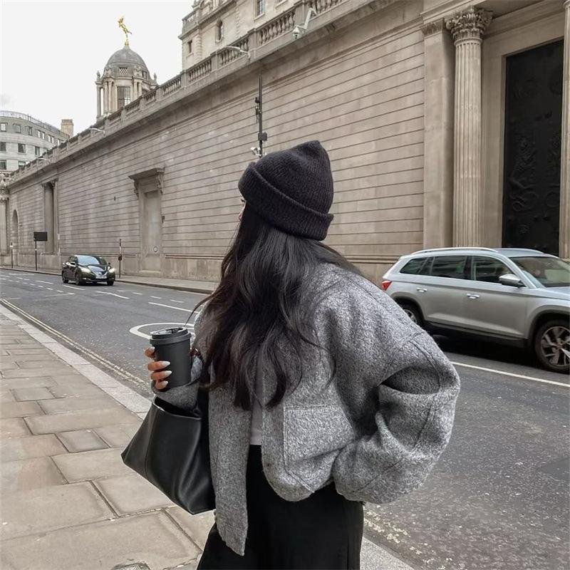 Jednobarevné ležérní kapesní kabát podzimní dámská temperamentní bunda