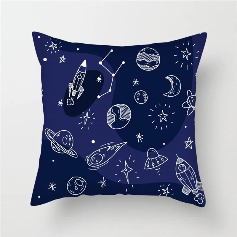 Cartoon Astronaut & Rakete Raumschiff Kissenbezug Deko Weltraum-Thema Kissenhülle für Sofa Schlafzimmer, Galaxie-Druck Kissenbezug