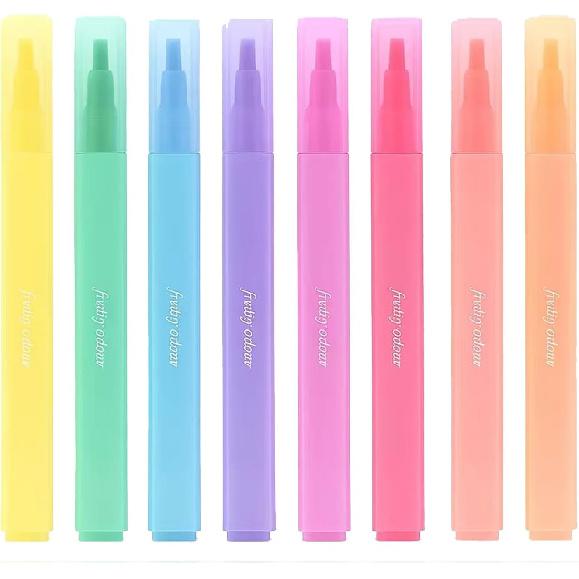 Fruity Scented Highlighters Set of 8, Pastel Chisel Tip Markers for Journaling, Note Taking, School & Office Supplies (8 Pcs)
