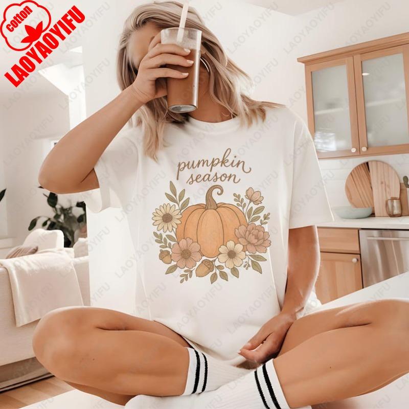 Pumpkin Season Cotton TShirt Fall Floral for Women Men Cute Thanksgiving Autumn Season Tops Cozy Outfit Popular Harajuku Tees