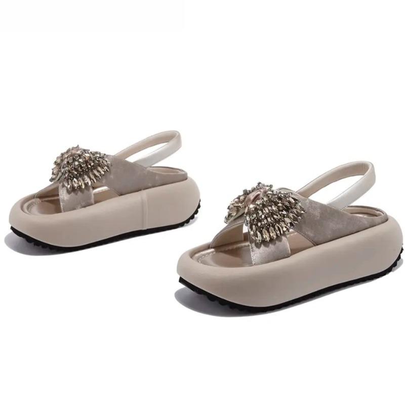 

Fashion Crystal Bow Platform Sandals Summer New Round Toe Open Toe One Strap Anti-Slip Wear-Resistant Wedge Shoes 35 шампанского