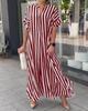 New European and American cross-border women's clothing Amazon independent station fashion side split stripe loose casual short-sleeved dress