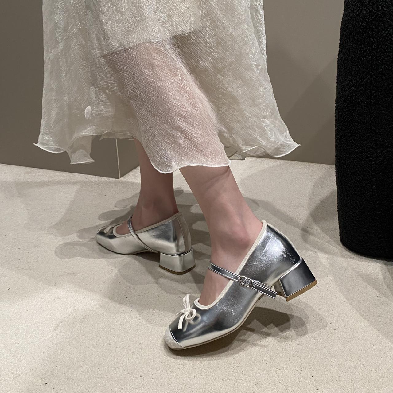 

Fashion 2025 Spring Autumn Mary Jane Shoes Fashion Shallow Round Toe Mid Heel Shoes Ladies Elegant Outdoor Single Pumps Shoes 35 серебряный
