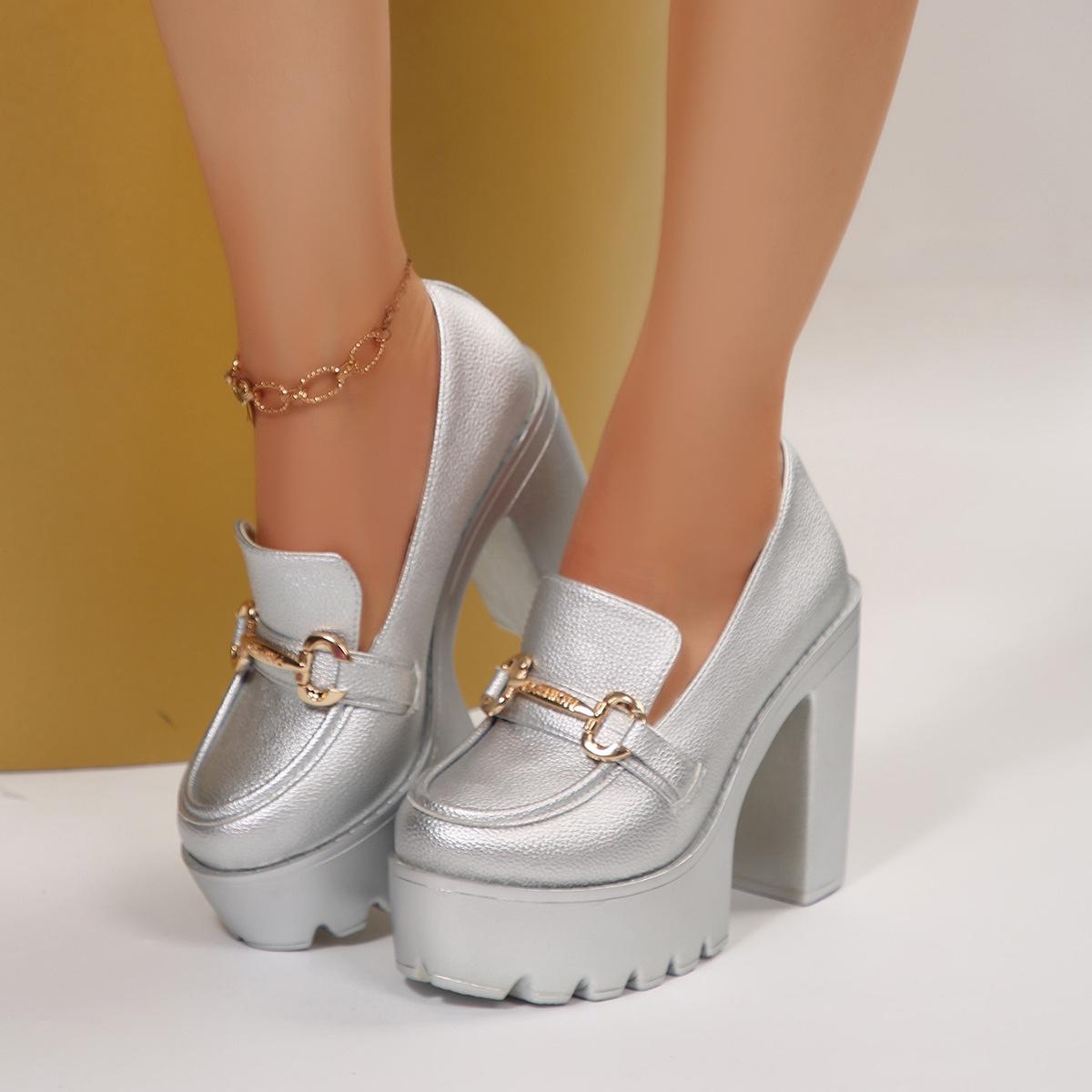 

Мода Мода Слипоны Лоферы на массивном каблуке для женщин Золотые Серебристые Туфли на высоком каблуке Платформа Женская Металлическая отделка Банкетные туфли для вечеринки 43 серебряный