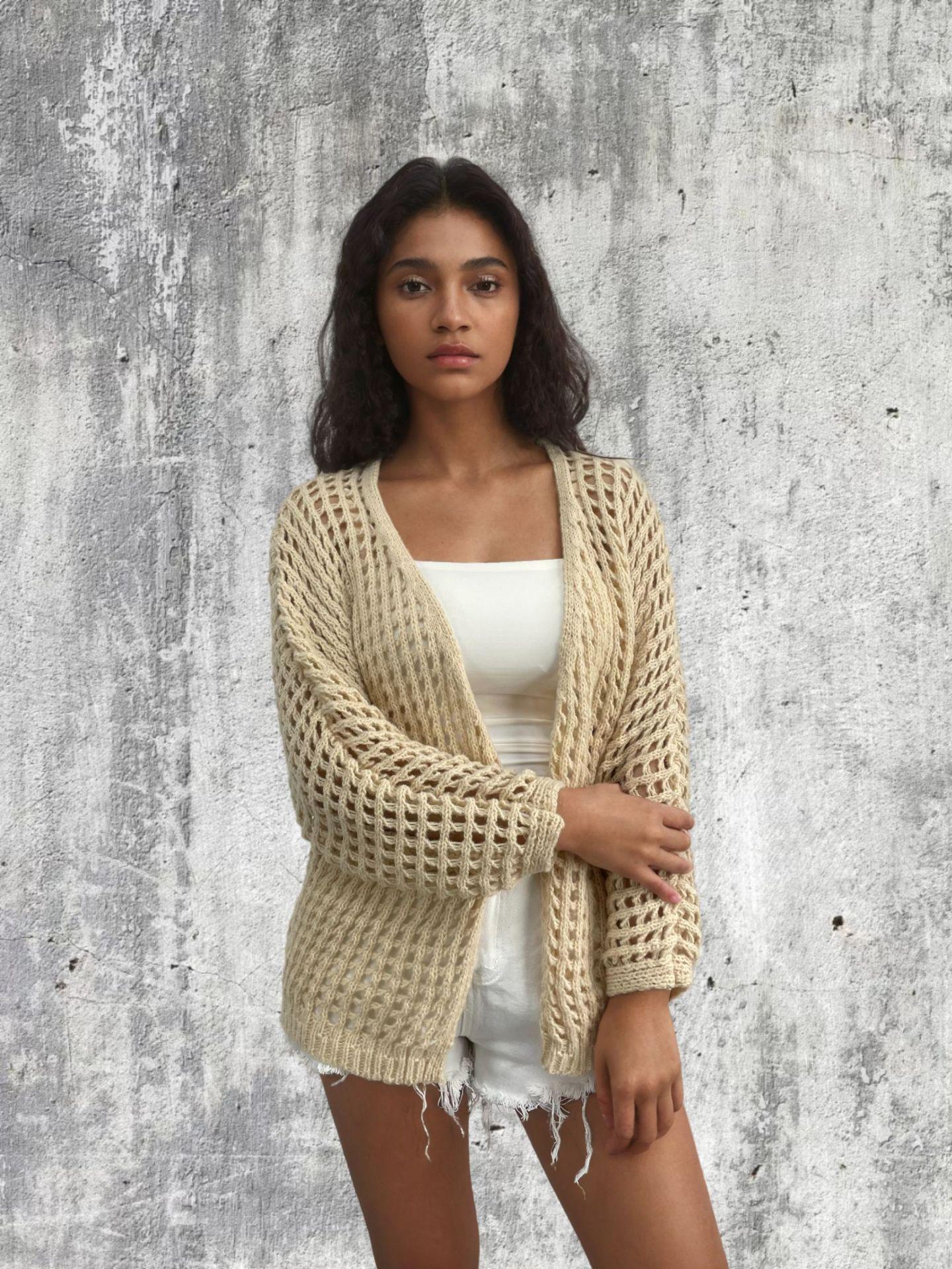 

Вязаный кардиган с ажурными отверстиями для женщин, свободная куртка на весну 2024 года M абрикосовый