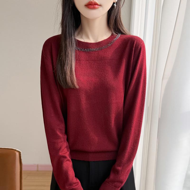 Spring Women's Rhinestone Round Neck Knit Sweater - High-Quality Imitation Wool, Korean Style, Thin Base Layer