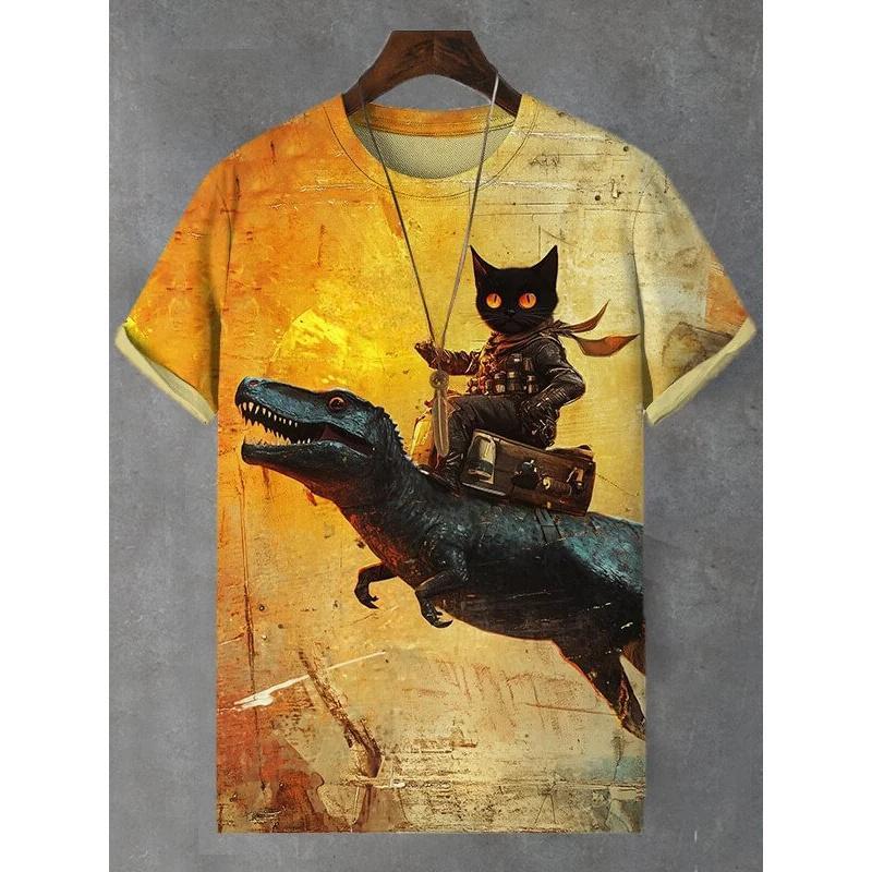 

Summer Round Neck 3D Retro Cat Print Top Fashionable Casual Short Sleeved Men s T-shirts XS
