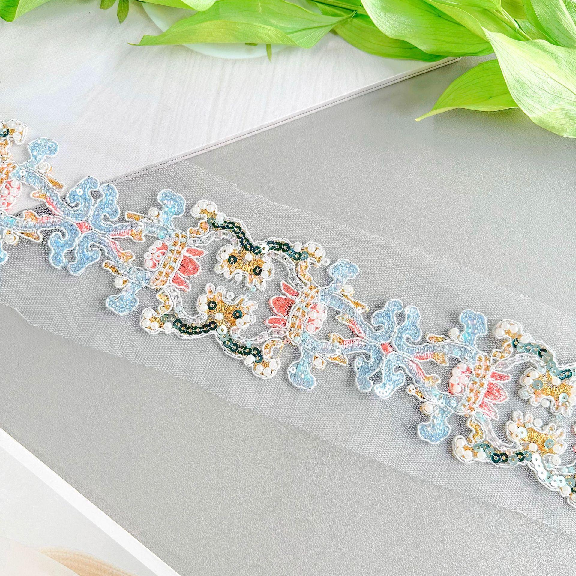 

7 см Сетка Бисер Пайетки Нить Вышивка Штрих-код Одежда Платье Сумка Декоративное Кружево Аксессуары T3212 one yard