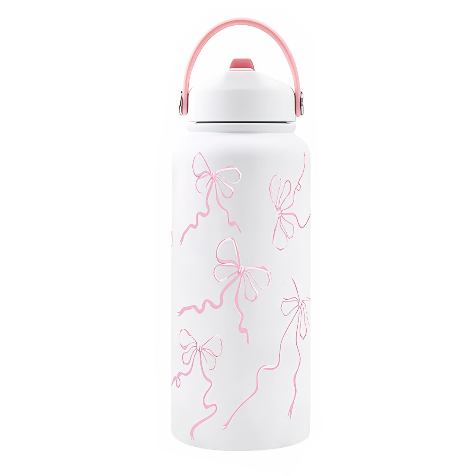 Pink Bottle Gift With Pink Water With Straw Christmas Gift Bow Water Stainless Steel Gift Women Bow Water Bottle 1000ml