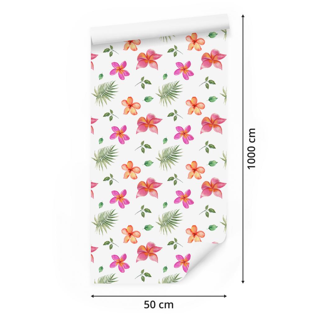 Wallpaper Flowers white, powder pink, coral and lime 50x1000
