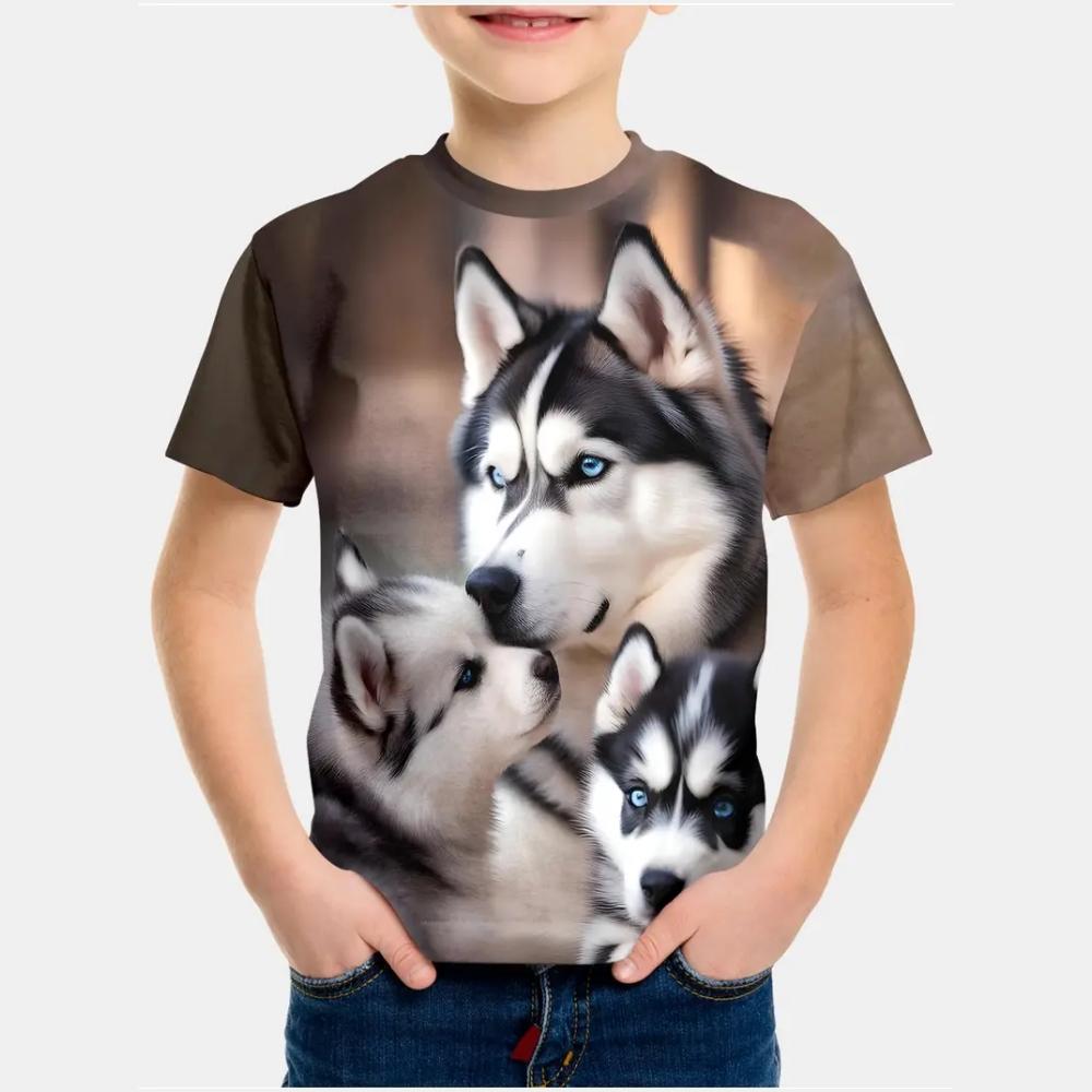 Kids Clothes Cheerful Puppy 3D Print Graphic T Shirts Summer Outdoor Play Crew Neck Short Sleeves Children's Boy's Clothing