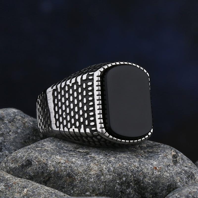 Simple Fashion Stainless Steel with Black Agate Stone Rings for Men Women High Quality Wedding Jewelry Gifts Dropshipping