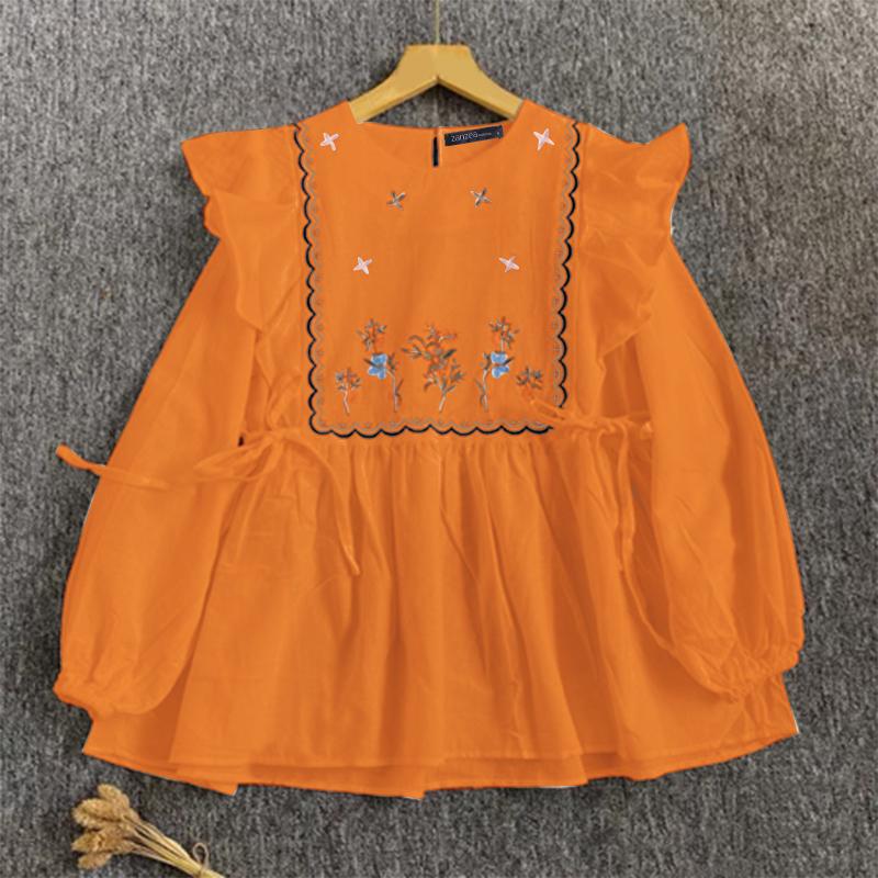 

ZANZEA Женские весенние блузки с круглым вырезом и длинным рукавом с оборками и цветочным принтом S