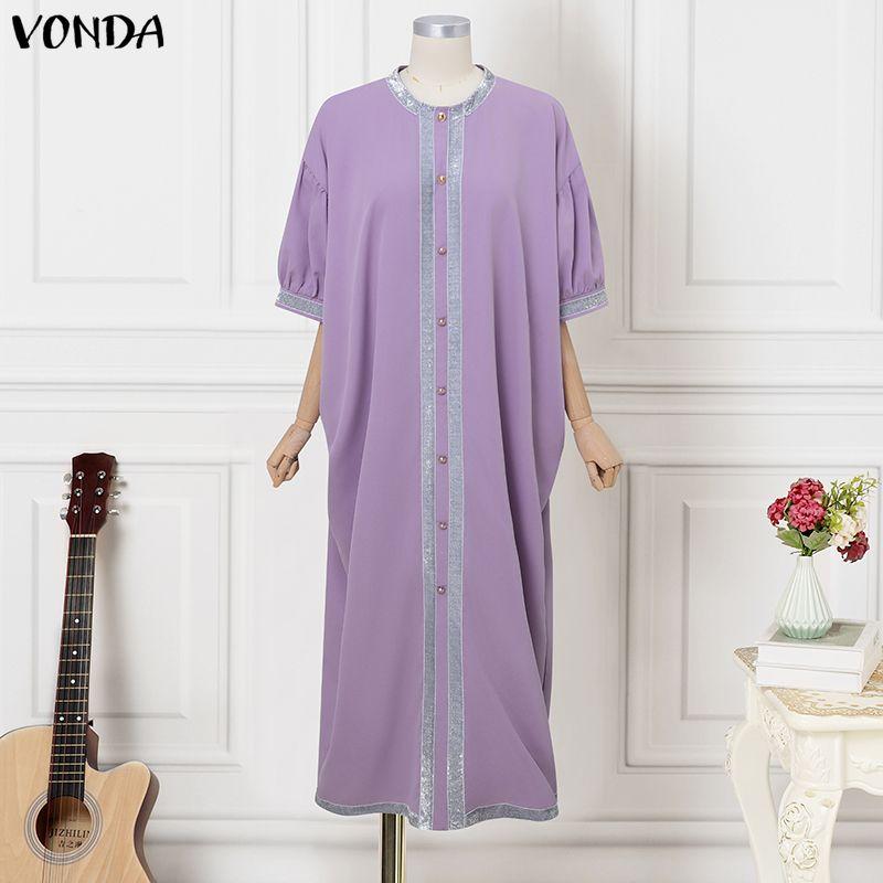 VONDA Summer Women Half Batwing Sleeve Patchwork Hem Casual Loose Long Robe Dress