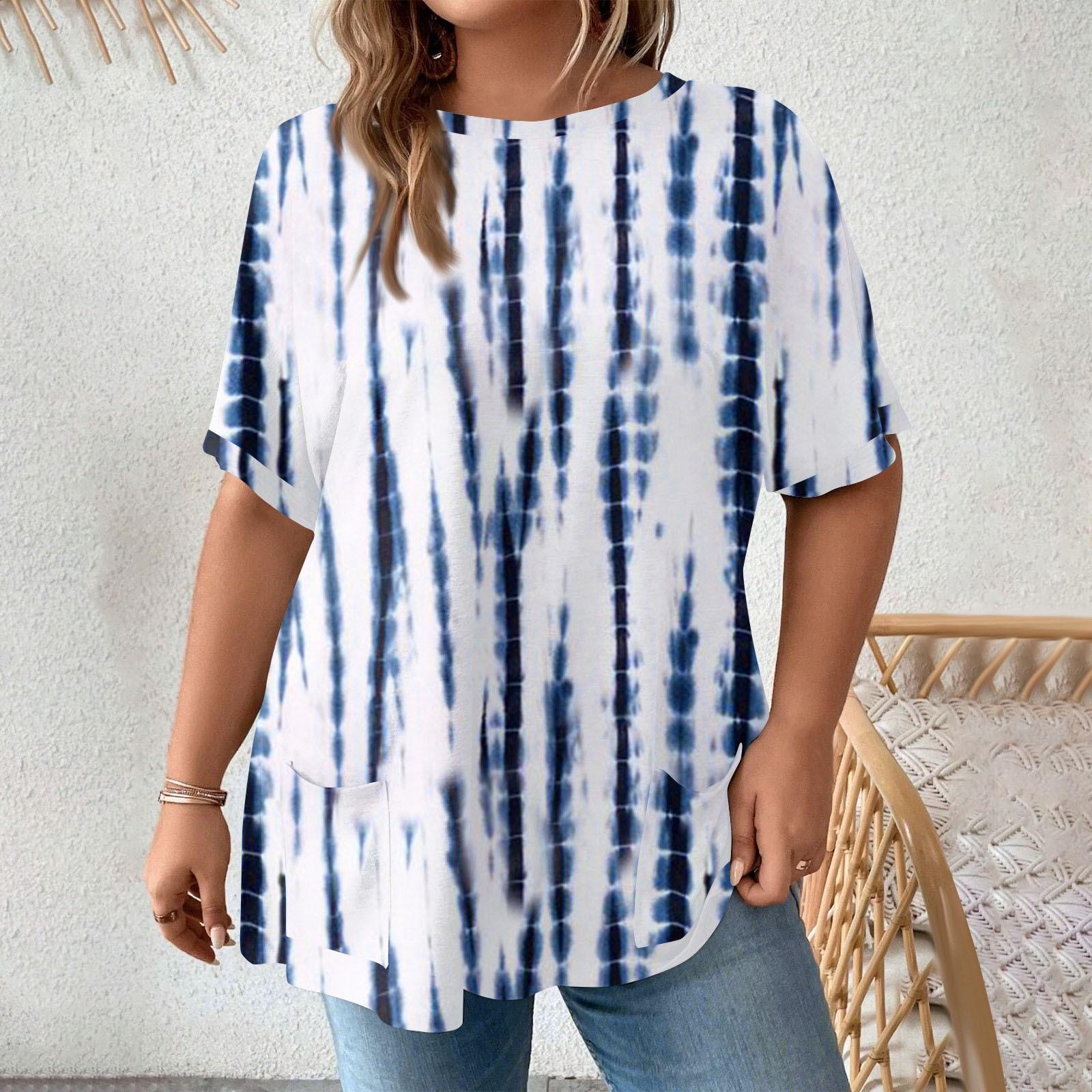 

Fashion Plus Size Women s Casual Short Sleeve Round Neck Print T-shirt With Pockets XXXXXL синий
