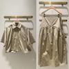 2026 Spring/Summer French Rivet Decor Polo Collar Shirt & Slimming Long Skirt Set - Stylish Solid Color YS043