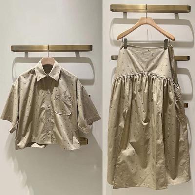 2026 Spring/Summer French Rivet Decor Polo Collar Shirt & Slimming Long Skirt Set - Stylish Solid Color YS043
