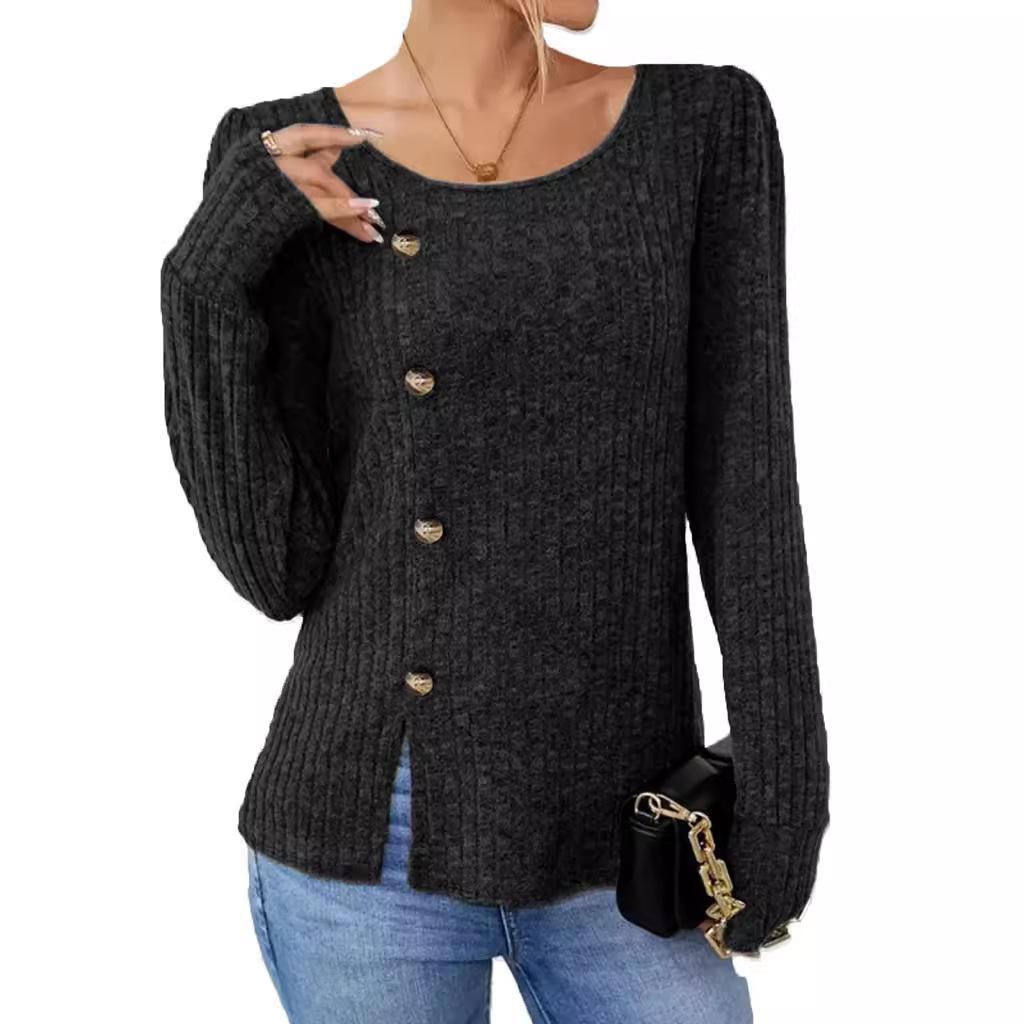 Autumn/Winter Women's Solid Color Round Neck Button Long Sleeve Loose T-Shirt