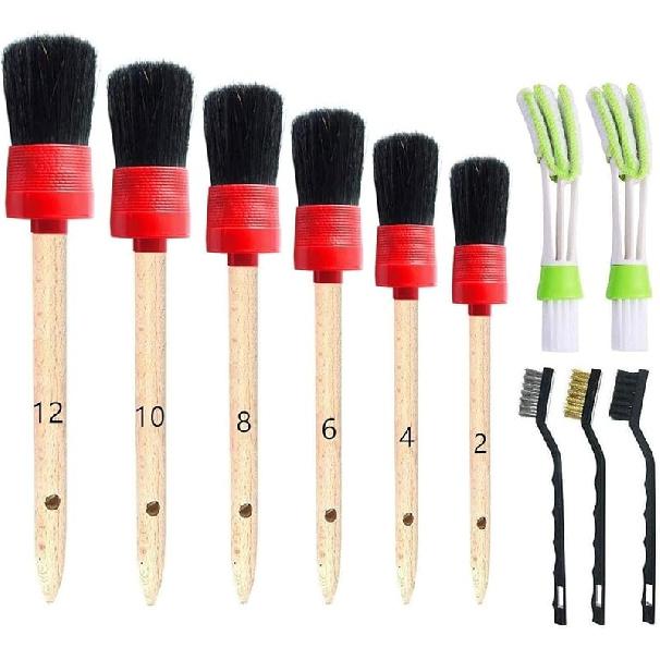 11Pcs Auto Detailing Set, Boar Hair Brushes, Steel Wire & A/C Brushes, Red, Soft Bristles, Wood Handles For Cleaning Interior, Exterior, Leather, 6
