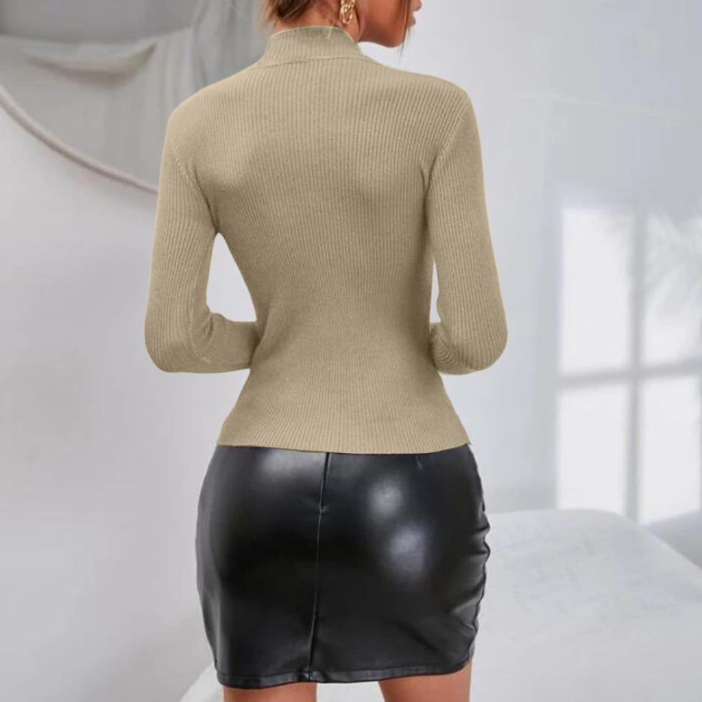 Women's Fashion Half High Neck Slim T-Shirt Long Sleeve Pullover Solid Colour Top