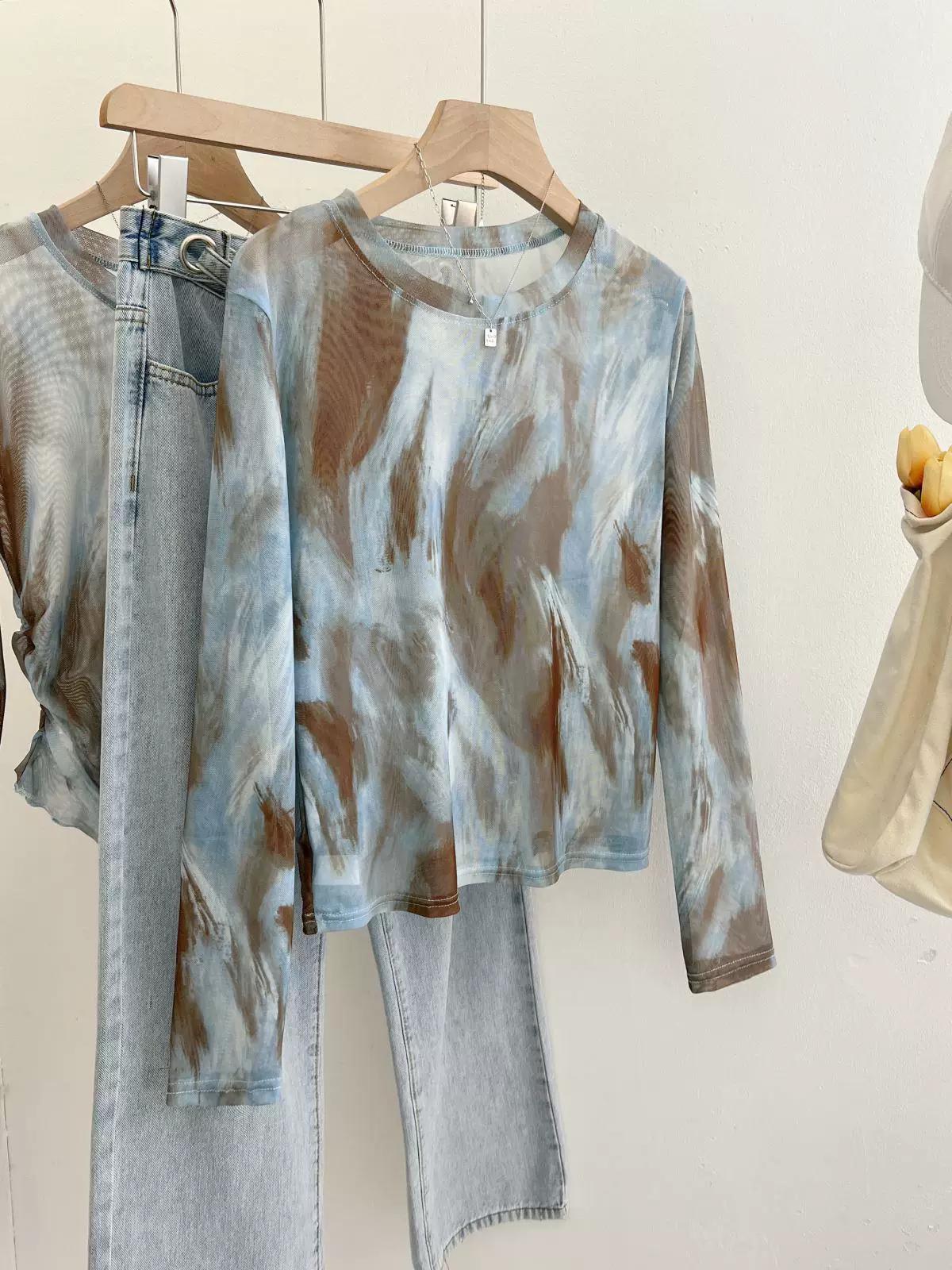 

Self-Retained ~ Tie-Dyed Mesh Shoulder Tops Women s Summer Thin Breathable Lightweight Sun Protection Blouse M