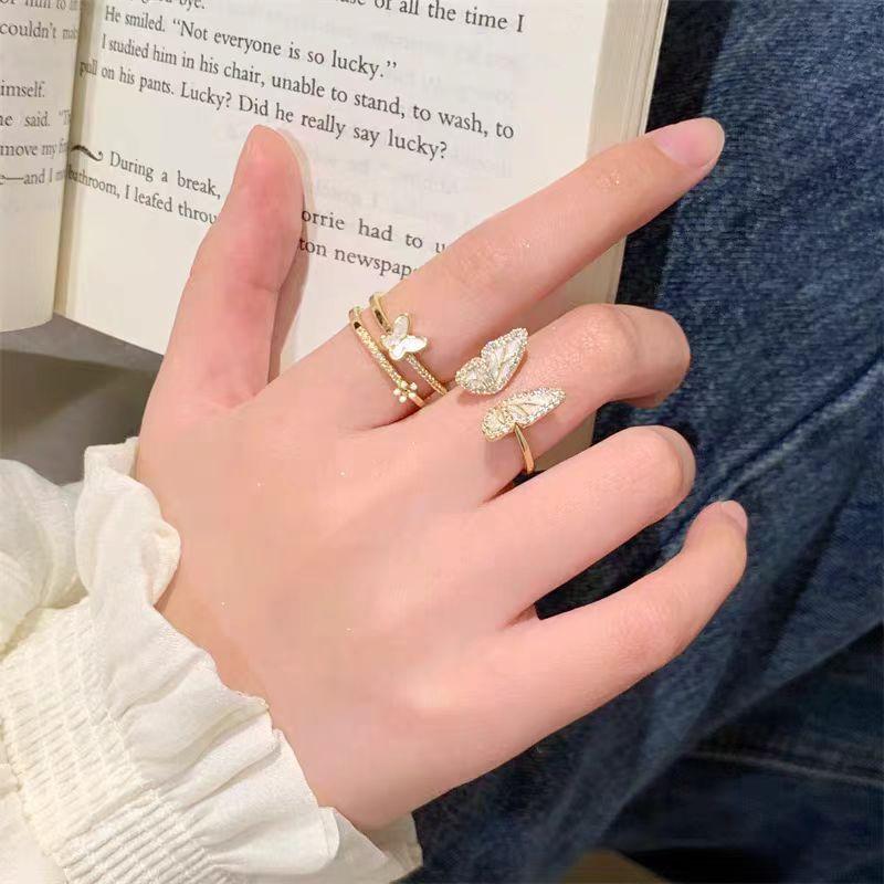 Dripping Butterfly Double Ring Female Niche Design Advanced Sense Index Finger Ring Tide Fashion Personality Open Ring