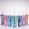 Double-Layer Plastic Cup, Simple Transparent Sequined Glitter Straw Cup, Large-Capacity Summer Water Cup