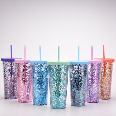 Double-Layer Plastic Cup, Simple Transparent Sequined Glitter Straw Cup, Large-Capacity Summer Water Cup