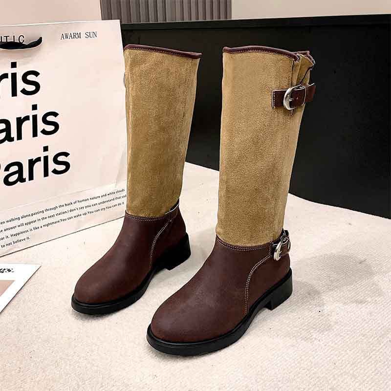 Belt buckle thick heel western cowboy boots women's 2025 new autumn and winter retro color matching boots tall knight boots