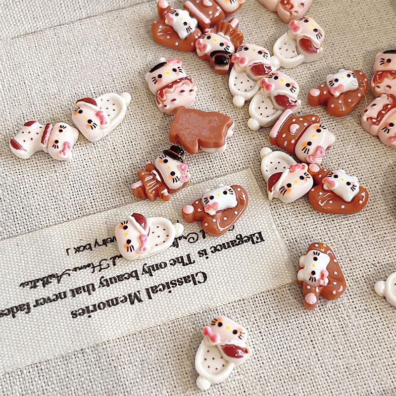 10/20/50Pcs Coffee Hello Kitty Nail Charms Autumn And Winter Melad Color Kt Cat 3D Nail Art Decorations For Kawaii Diy Manicures