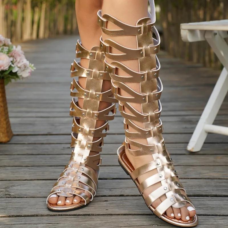 Women Summer Cool Boots Sexy Open Toe Cut-out Gladiator Flat Fashion Rome Back Zipper Street Style Sandals Shoes