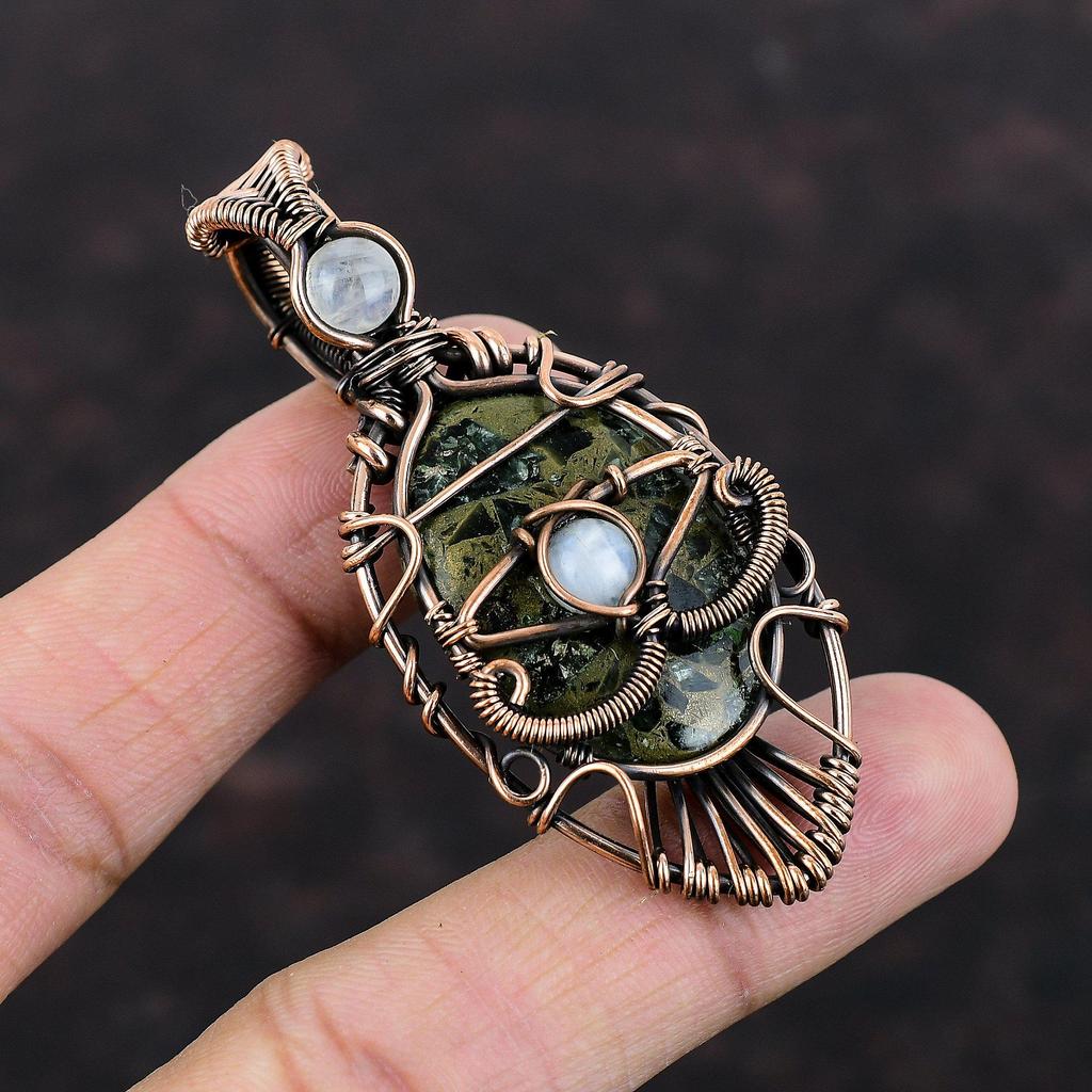 Evil Eye Copper Seraphinite Pendant Copper Wire Wrapped Gemstone Pendant Rainbow Moonstone Pendant Handmade Copper Jewelry Anniversary Gift