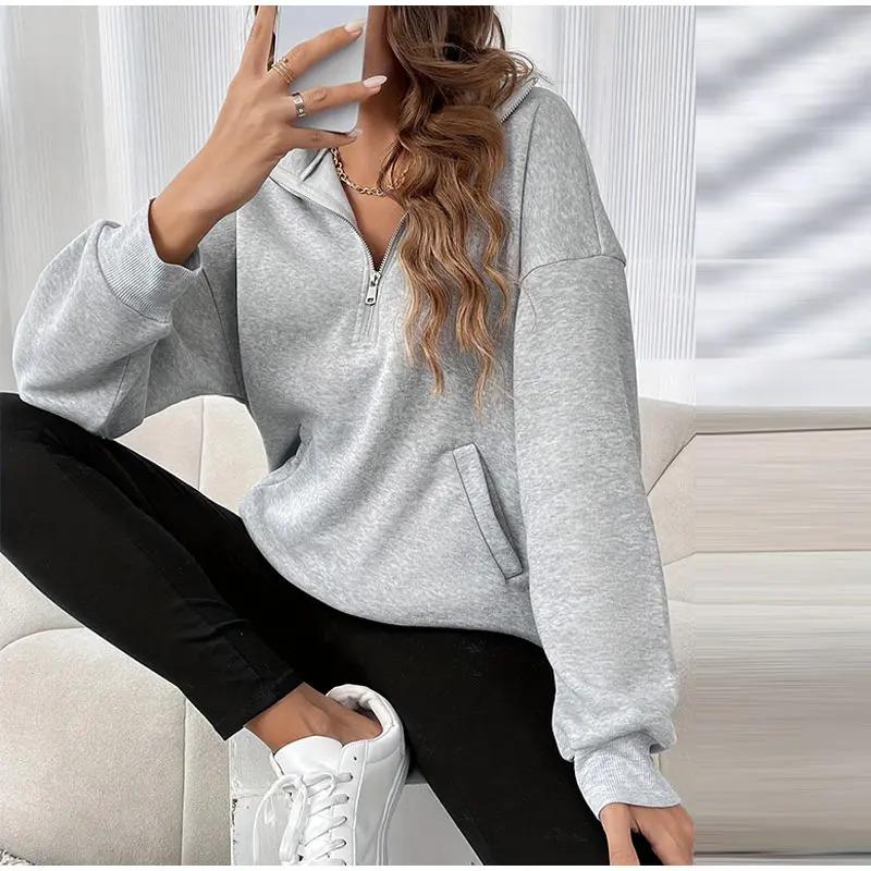 Casual Pullover Women Short Loose Autumn Winter Lapel Zippers Pockets Female's Hoodie Full Sleeve Solid Tops Lady Soft All-match