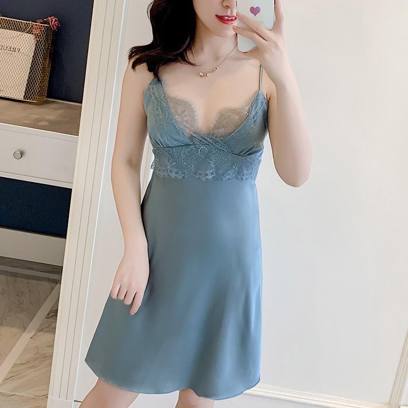 Sexy pajamas women's ice silk summer thin style with chest pad suspender lace nightdress lace back new model