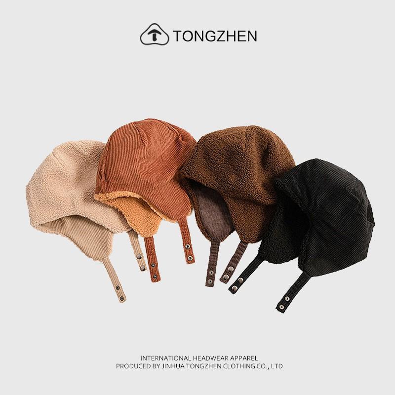 Unisex Winter Warm Fleece Lined Cap With Ear Protection Corduroy Reversible Beanie Hat