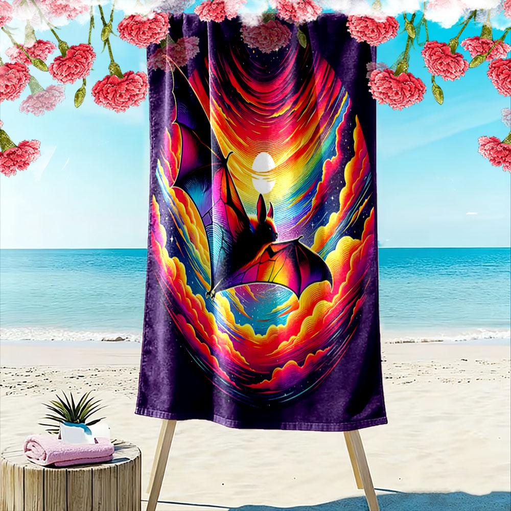 Vibrant bat in cosmos Print beach towel, quick drying, suitable for travel, outdoor sports, jogging, the beach and swimming, gift