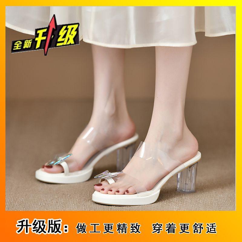 

Bow thick-soled waterproof table sandals girl 2025 summer fairy wind transparent word with toe high heel cool slippers 34